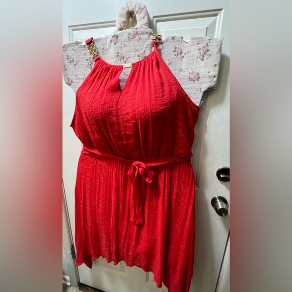 Mlle Gabrielle  3X red halter belted asymmetrical dress - Picture 3 of 16